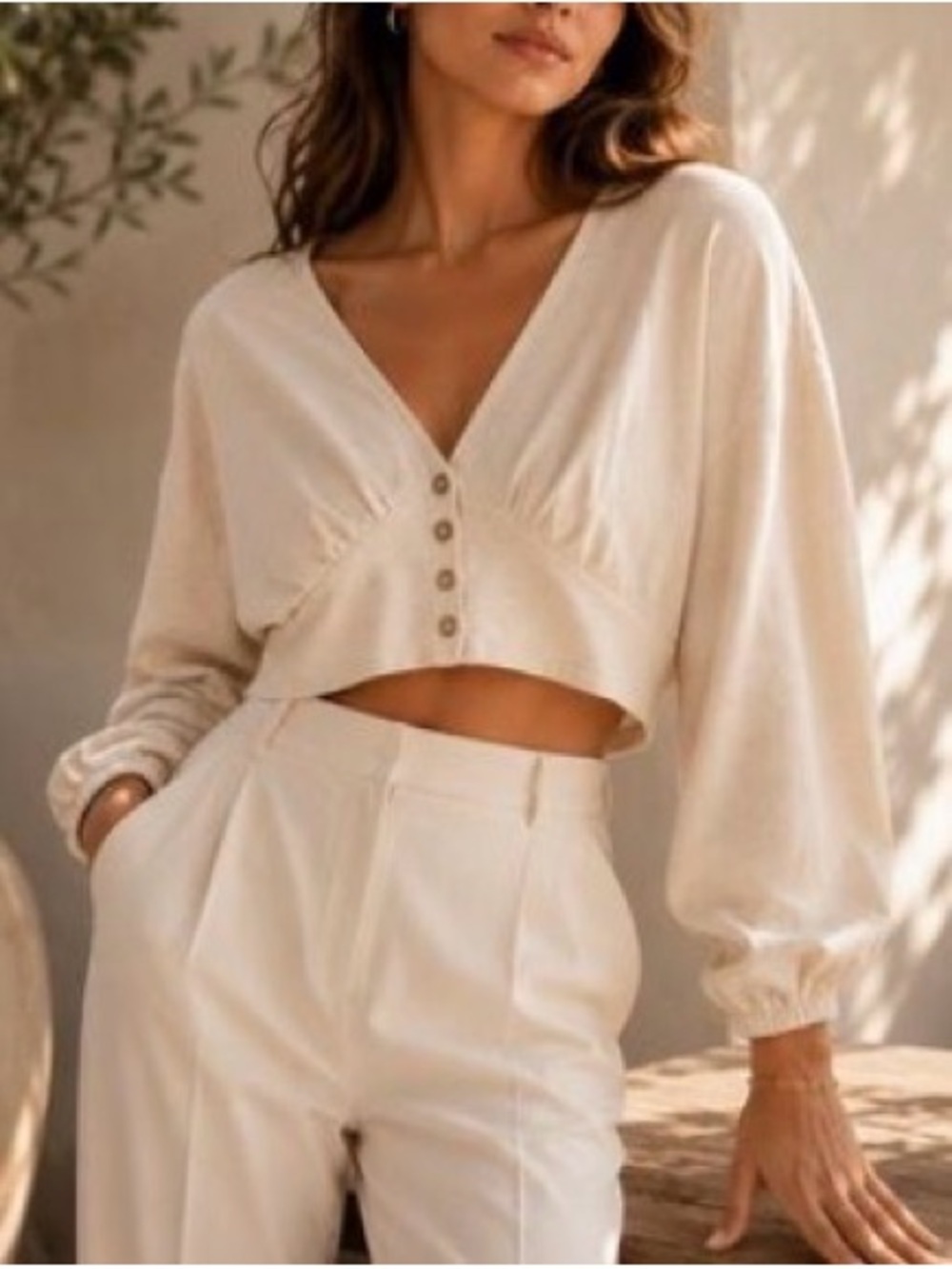 Madewell Cream Button-Front V-Neck Cropped Top